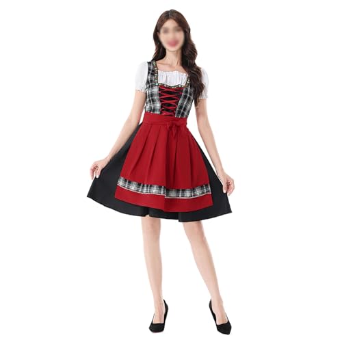 Traditionelles deutsches Oktoberfestkleid for Damen, Karnevalskostüm mit Blumenverzierungen und Karomuster(3XL) von esmen