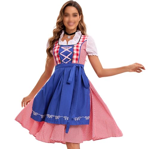 Traditionelles deutsches Oktoberfestkostüm for Damen, authentisches kariertes Dirndlkleid aus Polyester, Bierjungfern-Outfit in 5 Farben(Bleu,X-Large) von esmen