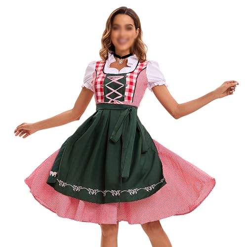 Traditionelles deutsches Oktoberfestkostüm for Damen, authentisches kariertes Dirndlkleid aus Polyester, Bierjungfern-Outfit in 5 Farben(Dark Green,X-Large) von esmen