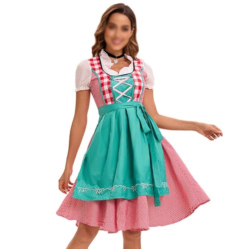Traditionelles deutsches Oktoberfestkostüm for Damen, authentisches kariertes Dirndlkleid aus Polyester, Bierjungfern-Outfit in 5 Farben(Light Green,Small) von esmen