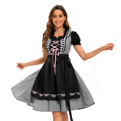 Traditionelles deutsches Oktoberfestkostüm for Damen, authentisches kariertes Dirndlkleid aus Polyester, Bierjungfern-Outfit in 5 Farben(Svart,XXX-Large) von esmen