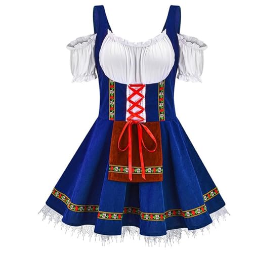 esmen Authentisches Oktoberfestkostüm Biermädchenkleid mit Schürze Nationaldeutsches Bühnen- und Partyoutfit in 6 Farben(Bleu,4XL) von esmen