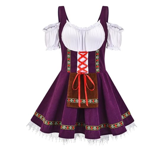 esmen Authentisches Oktoberfestkostüm Biermädchenkleid mit Schürze Nationaldeutsches Bühnen- und Partyoutfit in 6 Farben(Purple,L/XL) von esmen