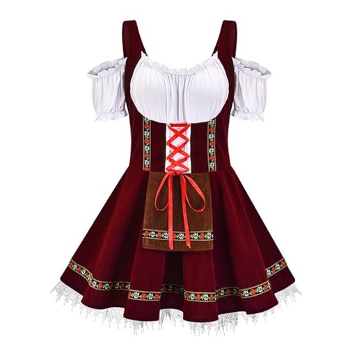 esmen Authentisches Oktoberfestkostüm Biermädchenkleid mit Schürze Nationaldeutsches Bühnen- und Partyoutfit in 6 Farben(Wine Red,2xl.) von esmen