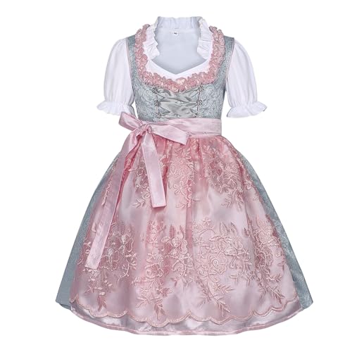 esmen Bayerisches Oktoberfest-Kostüm for Mädchen, rosa besticktes Dirndl-Set mit Spitzenbesatz und Netzschürze, Bühnen-Outfit(160cm) von esmen