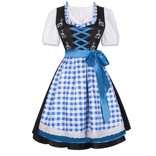esmen Blau-weiße, rot-weiße karierte Schürzen mit schwarzem Kleid, deutsches Münchner Bierkostüm, Oktoberfest-Bühnenkostüm(Bleu,X-Large) von esmen