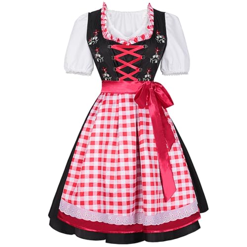 esmen Blau-weiße, rot-weiße karierte Schürzen mit schwarzem Kleid, deutsches Münchner Bierkostüm, Oktoberfest-Bühnenkostüm(Rosso,X-Large) von esmen