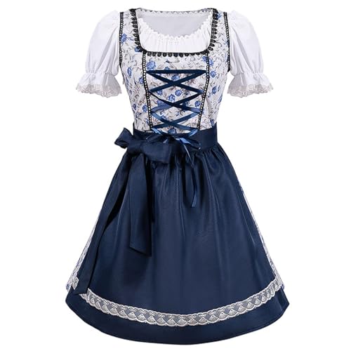 esmen Blau-weißes Blumenkostüm der Bierjungfrau, Oktoberfestkleid mit gerüschter Spitze und Puffärmeln, kurzes Festkleid(Small) von esmen