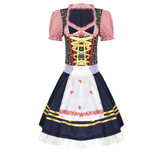 esmen Deutsches Oktoberfest-Dienstmädchen-Kostümset, Marineblau mit rosa kariertem Mieder, professionelles Restaurant- und Bar-Kellnerinnen-Outfit(M) von esmen