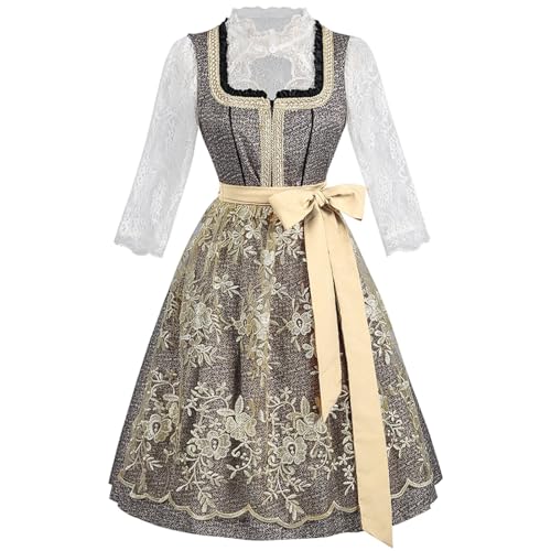 esmen Khakifarbenes Polyesterkleid, traditionelles bayerisches Kleid mit Goldbesatz, quadratischer Ausschnitt, Oktoberfest-Kleidung mit Spitzenoberteil(Small) von esmen