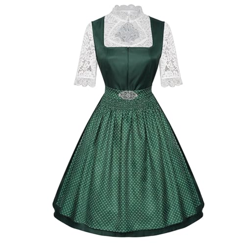 esmen Oktoberfest-Dienstmädchenkleid, 3-teiliges Set, kurzärmliges Midikleid mit Spitzenschürze, Brustreißverschluss, Dunkelgrün/Marineblau/Burgund, Größen S-2XL(Dark Green,Small) von esmen