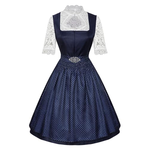 esmen Oktoberfest-Dienstmädchenkleid, 3-teiliges Set, kurzärmliges Midikleid mit Spitzenschürze, Brustreißverschluss, Dunkelgrün/Marineblau/Burgund, Größen S-2XL(Navy Blue,Medium) von esmen