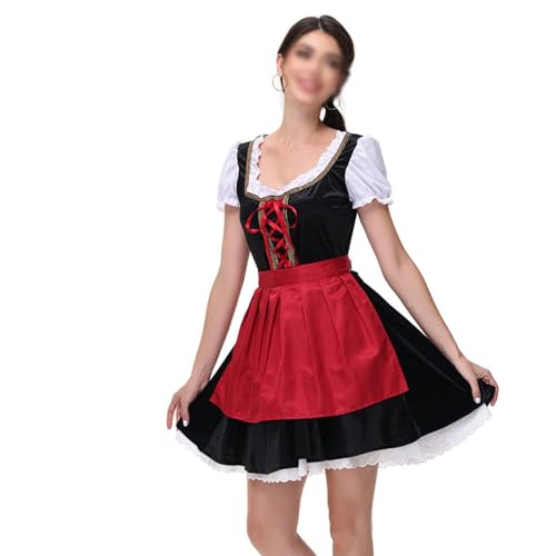 esmen Oktoberfest Maid Kostüm Kurzarm Bierkleid mit Schürze Grün Rot Performance Outfit Größen S-XXL(Rosso,Large) von esmen