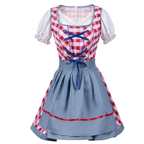 esmen Oktoberfest-Rock-Set mit Schürze, kariertes Kleid mit Spitzenbesatz, Theater-Halloween-Outfit mit Reißverschluss(Bleu,Medium) von esmen