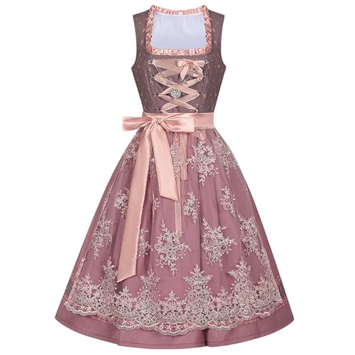 esmen Rosa Oktoberfest-Dienstmädchenkleid mit bestickter Schürze. Midilanges Spitzenkleid mit quadratischem Ausschnitt und seitlichem Reißverschluss(Small) von esmen