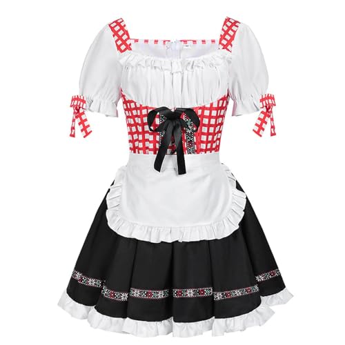 esmen Rot-weiß kariertes Kleid mit schwarzem Rock und Schleifenbesatz, Deutsches Bierfest-Outfit, Oktoberfest-Kostüm for Damen(A,X-Large) von esmen
