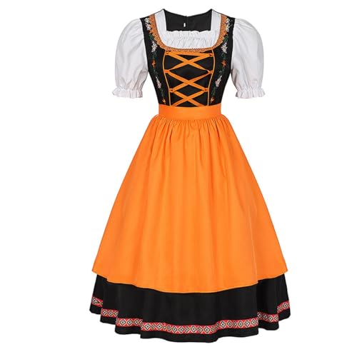 esmen Schwarzes besticktes Bühnenoutfit mit Puffärmel-Oberteil und Schürze, Oktoberfest-Kostümkleid for Damen(Orange,X-Large) von esmen