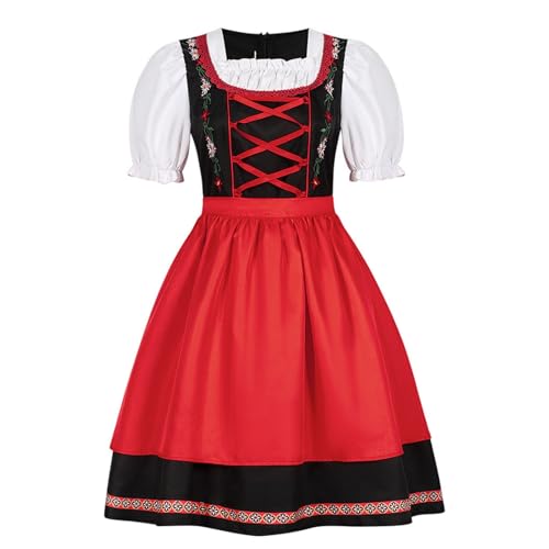esmen Schwarzes besticktes Bühnenoutfit mit Puffärmel-Oberteil und Schürze, Oktoberfest-Kostümkleid for Damen(Rosso,Small) von esmen