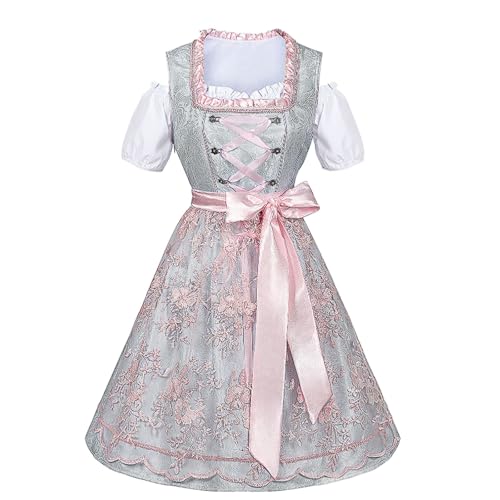 esmen Silbergraues bayerisches Dirndl mit rosa bestickter Netzschürze und Bandbund, deutsches Oktoberfestkleid, Bierfest-Outfit(2xl.) von esmen