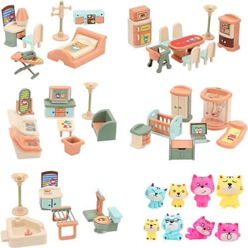 eurNhrN Dolls House Möbel 49pcs/Set Plastik Miniatur -Puppenhausmöbel Set 4 Zimmer Miniaturmöbel Kit für Toten -Spielzeugspiele Vorräte von eurNhrN