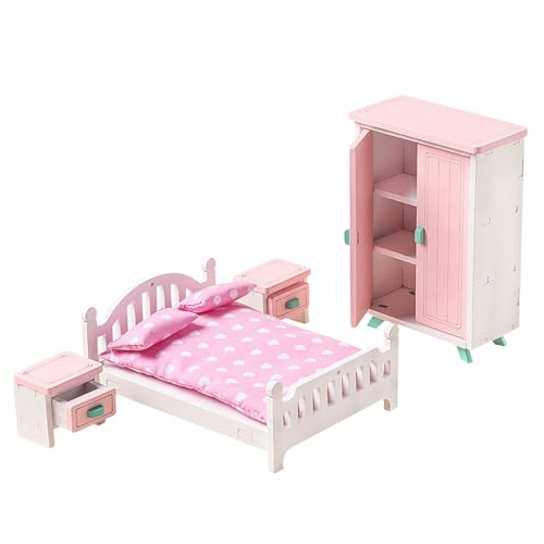 eurNhrN Holzpuppenhausmöbel Set 7pcs/Set Miniaturmöbel Schlafzimmer Puppenhauszubehör für Mädchen Alter 3+ Typ 2 Spiele Vorräte von eurNhrN
