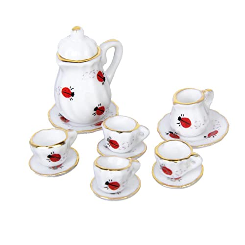 eurNhrN Miniature Tee Set 15 Prozent 1/12 Puppenhaus Miniatur Esswarenporzellan Tee Set Dish Tasse Teller Ladybug Druck von eurNhrN