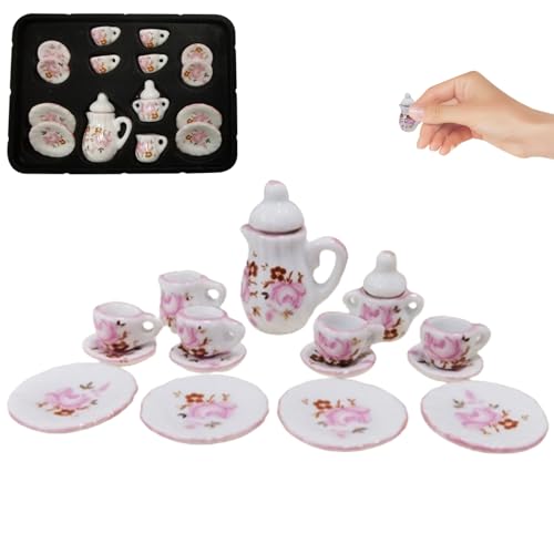 eurNhrN Tiny Tea Set, 15 Prozent 1:12 Miniature -Tee -Set, Rosenmuster Puppenhaus -Tee -Set für Puppenhaus Küche Typ 3 Spiele Vorräte von eurNhrN