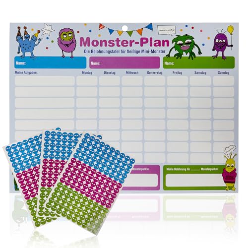 ewtshop® Monster Belohnungstafel Abreissblock, 28,7x21,3 cm, mit 450 Aufklebern, Belohnungssystem für bis zu 3 Kinder, Abreiss-Block von ewtshop