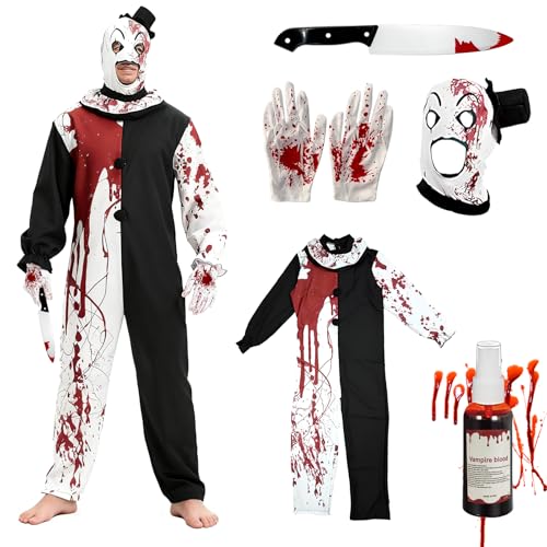 exatta 5 Stück Halloween Terrifier Clown Kostüm, Schwarz Weiß Clown Jumpsuit, Blutige Handschuhe, Terrifier Art der clown Maske, für Killer, Psycho Cosplay von exatta