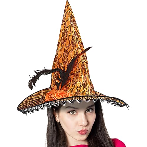 Halloween-Hut, Zauberer-Kostüm, Erwachsenenhut mit Spitzenkrempe für Halloween, Zauberer-Cosplay, Halloween-Kostüm, Halloween-Hexenkostüm, Zubehör für Damen von fanelod