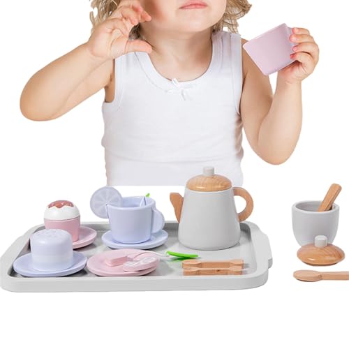 Spielzeug-Teeservice aus Holz, Spielzeug-Teeservice für Kinder, Simulations-Teeservice für Kinder, interaktives Kinder-Teeservice für Mädchen, solides und starkes Teeparty-Set für Kinder, Spielküchenz von fanelod