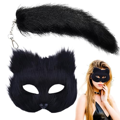 Tier-Maskerade- und Schwanz-Set | Furry Massks Tail Cosplay Maskerade Set | Pelzige Füchse-Masken mit 11,8-Zoll-Schwanz für Frauen und Mädchen | Halloween-Wolf-Katzen-Tiermasken für die Karnevalsparty von fanelod