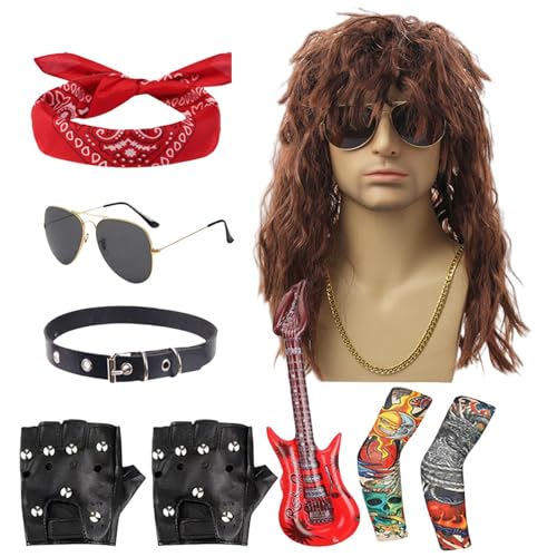 fanelod 80er Jahre Rocker Kostüm, Rocker Kostüm Herren,Metal Disco Kostüm Herren Hippie Perücke - 9-teiliges Halloween-80er-Jahre-Rocker-Star-Kostüm-Set, Herren-Rocker-Heavy-Metal-Kostüm für von fanelod