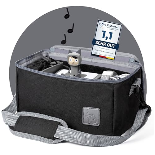 fantifant Musikbox-Tasche für Hörwürfel (z.B. Toniebox und Tigerbox) | Verstellbare Innenfächer | Netzbeutel für Zubehör (zB 10 Toniefiguren) (Special Edition schwarz) von fantifant