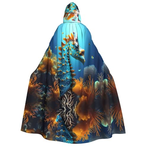 fdgbnm Blauer Seepferdchen-Umhang mit Kapuze für Erwachsene. Cosplay-Umhang, Halloween-Kostüm, Volldruck, Polyester. von fdgbnm