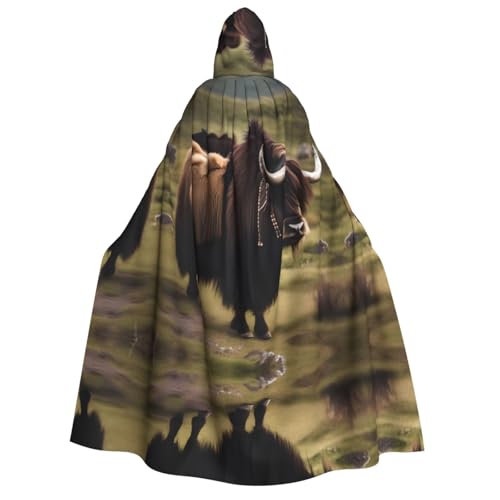 fdgbnm Mighty Highland Yak Kapuzenumhang für Erwachsene, Cosplay-Umhang, Halloween-Kostüm, Volldruck, Polyester. von fdgbnm