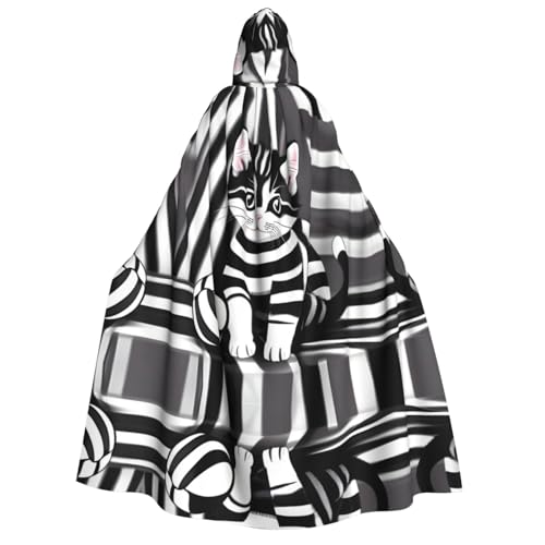 fdgbnm Schwarz-weiß gestreifter Kätzchen-Umhang mit Kapuze für Erwachsene. Cosplay-Umhang, Halloween-Kostüm, Volldruck, Polyester. von fdgbnm