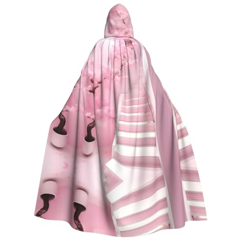 fdgbnm Umhang mit Kapuze für Erwachsene, Motiv: Kirschblüte, weiße Treppe, Cosplay-Umhang, Halloween-Kostüm, Volldruck, Polyester. von fdgbnm