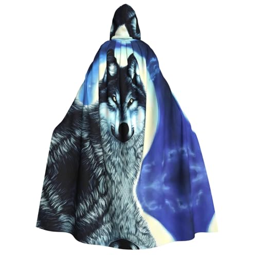 fdgbnm Umhang mit Kapuze für Erwachsene, Motiv: Wolf unter dem Mond, Cosplay-Umhang, Halloween-Kostüm, Volldruck, Polyester. von fdgbnm