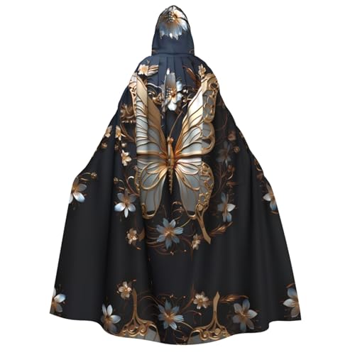 fdgbnm Umhang mit Kapuze für Erwachsene, goldfarben, weiße Schmetterlinge, Cosplay-Umhang, Halloween-Kostüm, Volldruck, Polyester. von fdgbnm