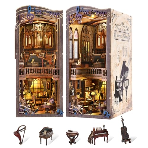 fifijoy Book Nook Kit - DIY Miniatur Puppenhaus Musikhaus Modellbausatz für Erwachsene, 3D Holz-Buchstütze mit LED-Beleuchtung, Bücherregal-Dekoration (Timeless Melody) von fifijoy
