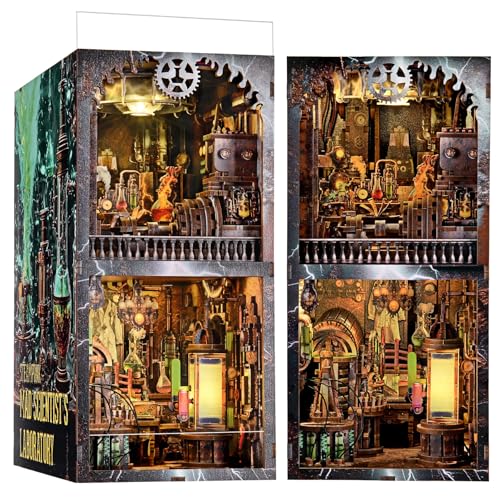 fifijoy Book Nook Kit - DIY Miniaturhaus Puppenhaus Kit für Erwachsene und Jugendliche, Steampunk Booknook Tiny House Bücherregal Dekor 3D Holzpuzzle (Mad Scientist Lab) von fifijoy