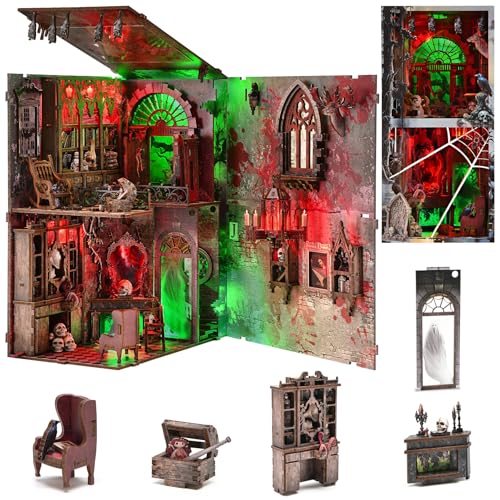 fifijoy Book Nook Kit - Spukhaus DIY Halloween Miniatur Puppenhaus Kit mit Staubschutz und LED-Licht, 3D Puzzle Gruselige Buchstütze aus Holz, Modellbau-Set für Erwachsene (Haunted Mansion) von fifijoy