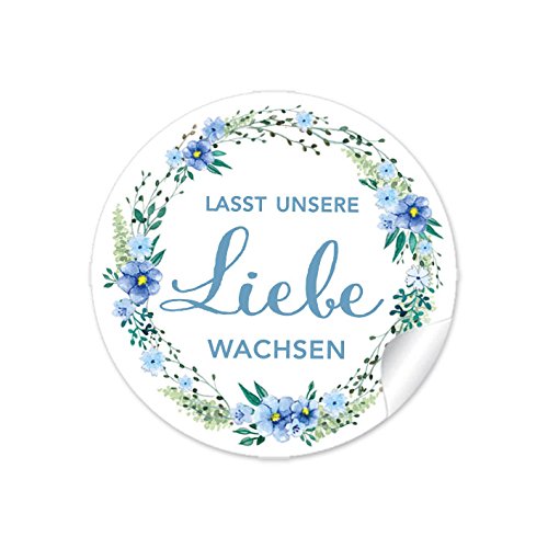 24 STICKER:"Lasst unsere Liebe wachsen" in BLAU GRÜN mit Blütenkranz • Für Gastgeschenke zur Hochzeit z.B. für kleine Samentüten, blumige und niedliche Blumentöpfe, Reagenzgläser • 4 cm, rund, matt von fioniony