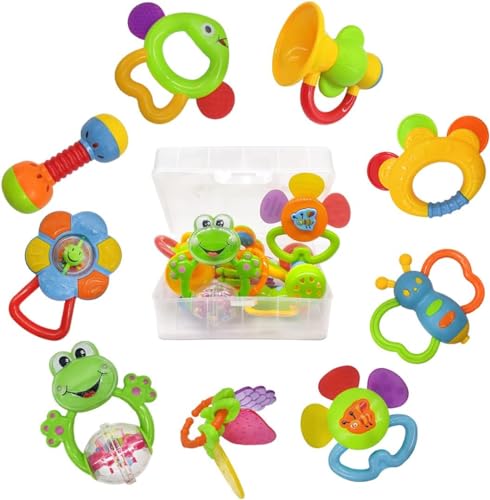 fiouni Baby Rassel Beißring Spielzeug Set Babys Erste Rasseln Babys Erstes Spielzeug Geschenkset für Säuglinge Neugeborenes Baby Jungen Mädchen 3 6 9 Monate 11 Stück (Rosa) von fiouni