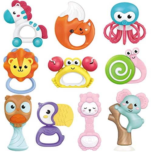 fiouni Rassel-Beißring-Set Babyspielzeug Greifspielzeug Baby ab 0 3 6 9 12 Monate für Jungen Mädchen Baby Geschenke 10 Stück von fiouni