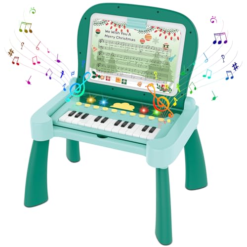 4-in-1 Interaktiver Spieltisch für Kinder – Lernspielzeug mit 4 Lernkarten, 5 Notenblättern und Schreibtafel, inkl. verborgenem Klavier – Intelligentes Lernerlebnis für Kleinkinder 3-6 Jahre+ (Grün) von fisca