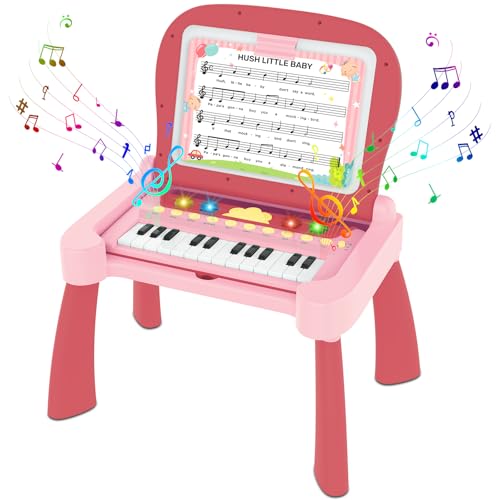 4-in-1 Interaktiver Spieltisch für Kinder – Lernspielzeug mit 4 Lernkarten, 5 Notenblättern und Schreibtafel, inkl. verborgenem Klavier – Intelligentes Lernerlebnis für Kleinkinder 3-6 Jahre+ (Rosa) von fisca