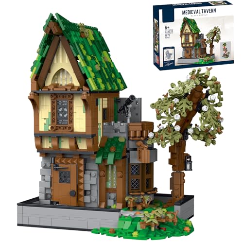 fisca 1872PCS Mittelalterliche Architektur Taverne Bauklötze Konstruktionsspielzeug mit Lichtern, sammelbare Taverne und Hüttenmodelle für Erwachsene Kinder von fisca