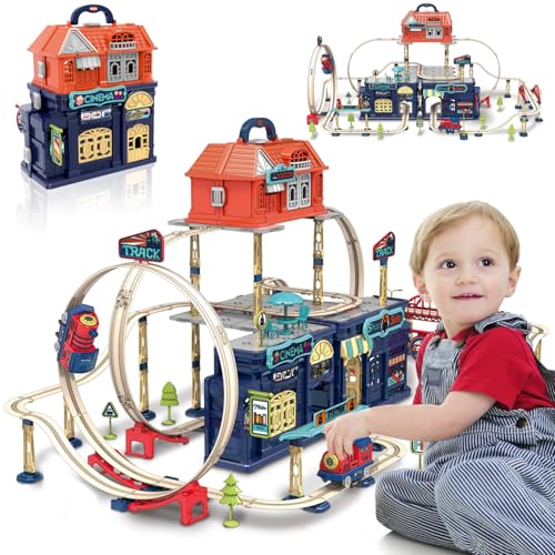 fisca 197PCS Train Tracks Toy Set für Kleinkinder Alter 3-10, Schienen-Spielset, Eisenbahnschiene Spielzeugauto, Spielzeug Geburtstag für Jungen Mädchen von fisca